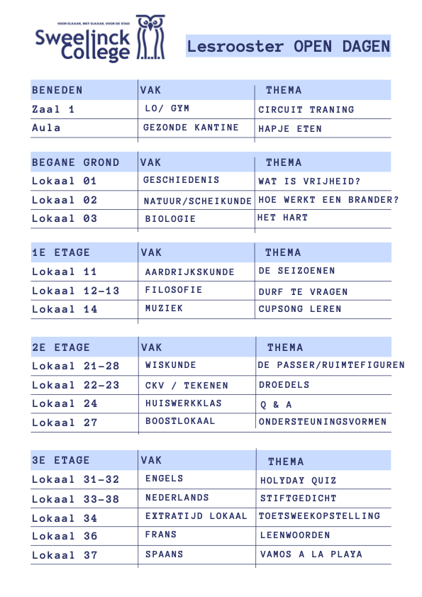 Lokalenindeling open dag Sweelinck College